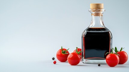 Poster -   A bottle of ketchup accompanied by tomatoes on one side and a small amount of ketchup on the other