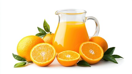 Poster -   Orange juice pitcher with orange slices & chunks on white backdrop