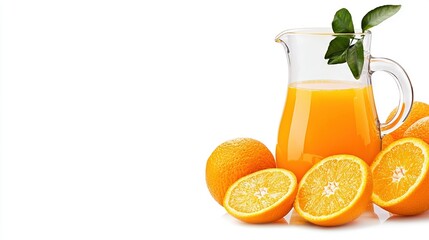 Poster -   A pitcher of orange juice with sliced oranges and a few whole oranges on a white background