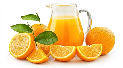 Wall Mural -   A glass of freshly squeezed orange juice with citrus slices on a pristine white backdrop