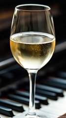 Poster -   A glass of white wine perched atop a black-and-white piano keyboard