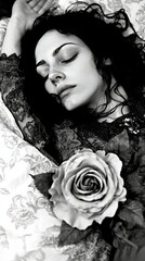 Wall Mural -   A black-and-white image of a female reclining in bed with her eyes shut and a flower in her hair