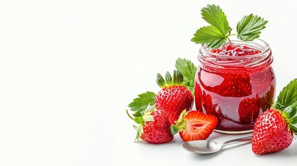   A jar of strawberry jam with four strawberries on the side and two strawberries on top of the spoon