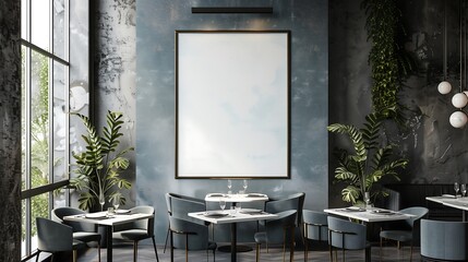 Sticker - Empty Frame Mockup in Modern Restaurant Interior with Large Windows and Plants