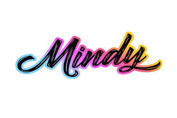 The name “Mindy” written in a stylized colorful retro font