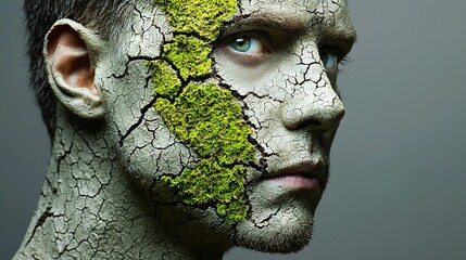 Sticker -   A man with green paint on his face and a green plant growing out of it