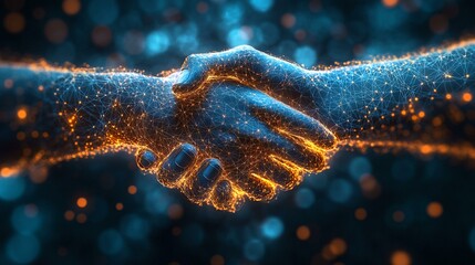 a Digital handshake graphic on a blue background, symbolizing virtual agreements and technology-driven business connections.