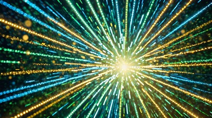 Wall Mural - The image shows a burst of light with colors ranging from yellow to green, emanating from a central bright point and spreading outwards into small dots, creating a sense of depth and movement.