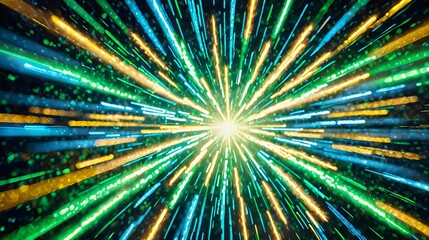 Wall Mural - The image shows a burst of light with colors ranging from yellow to green, emanating from a central bright point and spreading outwards into small dots, creating a sense of depth and movement.