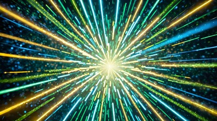 Wall Mural - The image shows a burst of light with colors ranging from yellow to green, emanating from a central bright point and spreading outwards into small dots, creating a sense of depth and movement.