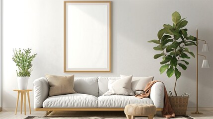 Sticker - Minimalist living room interior with white sofa, wooden floor and large empty frame mockup