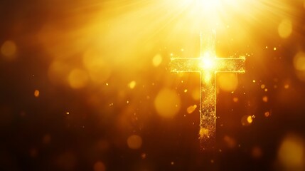 Golden cross with glowing light background, spiritual and religious concept