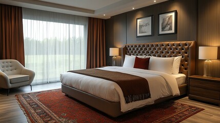 Wall Mural - an Stylish hotel room with contemporary furnishings and elegant décor, emphasizing luxury and comfort.