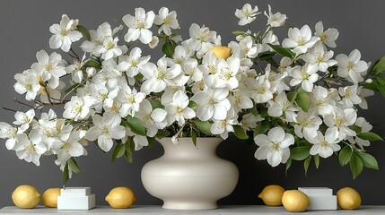 Sticker -   A vase of white flowers sits on a white shelf, surrounded by lemons and lemon wedges