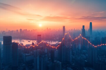 Sunset over modern city skyline with upward graph illustrating economic growth and prosperity