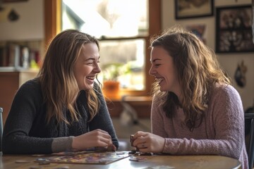 Warm and inviting moment  mother and daughter bonding over a fun board game with laughter