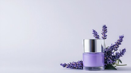 Canvas Print -   A bottle of purple nail polish with a silver cap sits next to a cluster of lavender flowers against a white backdrop