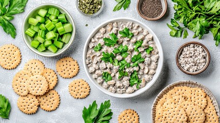 Sticker -   A table with crackers, celery, and a bowl of crackers on it