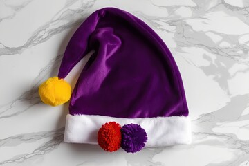 Vibrant Purple Santa Hat with Colorful Pompom on White Marble Background