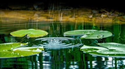 Poster -   Water lilies float on a pond, with droplets cascading from their petals