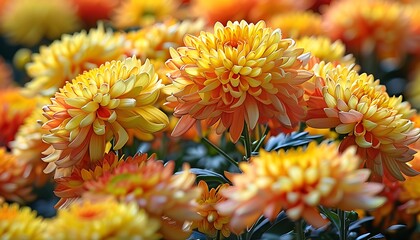 Canvas Print - A blooming chrysanthemums are colorful, and yellow-orange flowers are stacked on top of each other, showing a rich sense of hierarchy and creating a warm and vivid atmosphere.