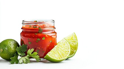   A jar of ketchup, limes, and a lime slice on a white background