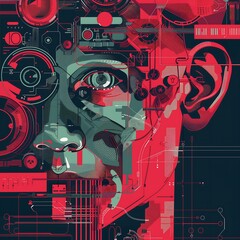 Poster - Abstract Cyborg Face with Red and Blue Circuits, AI, Technology, Digital Art