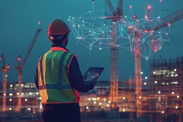 Poster - construction worker analyzes holographic data on ipad amidst busy construction site with cranes