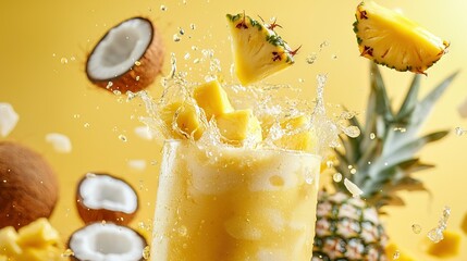 Canvas Print -   A pineapple splashes into a glass, filling it with fresh pineapple juice and a slice of juicy pineapple on the side