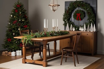 Wall Mural - Elegant Oak Dining Table with Holiday Decor and Festive Garland Display