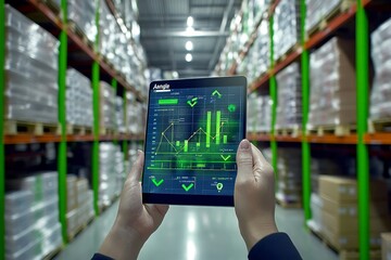 Poster - Person holding tablet with data visualizations in a busy warehouse filled with stacked goods