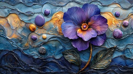 Poster -   A painting of a purple flower on a blue and gold background with numerous bubbles at its base