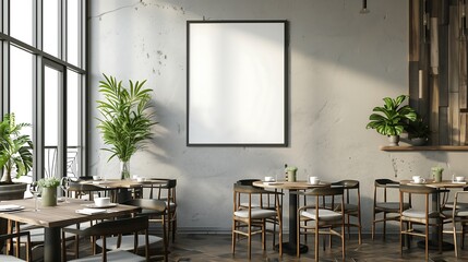 Sticker - Empty cafe restaurant interior with large blank frame for mockup