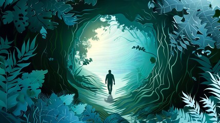 Wall Mural - Silhouette of man walking through a forest path with bright light at the end, nature, hope, new beginning, adventure, journey