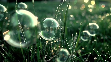 Canvas Print -   Soap bubbles on green grass with water drops in sunlight