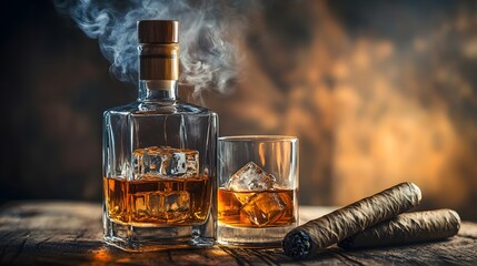 A bottle and a glass of whiskey with ice and a steaming Cuban cigar