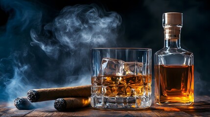 Wall Mural - A bottle and a glass of whiskey with ice and a steaming Cuban cigar