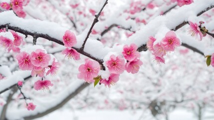 Poster - Pink Cherry Blossoms Covered in Snow on a Branch