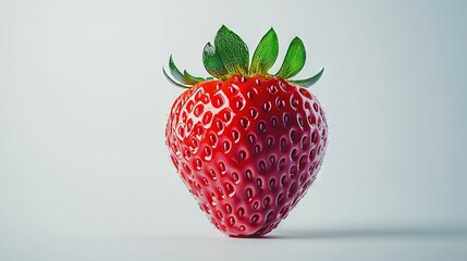 Poster -  A Strawberry Close-up with a Green Leaf on Light Gray Background