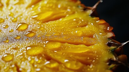   A close-up of a fruit with droplets of water on the outside and inside