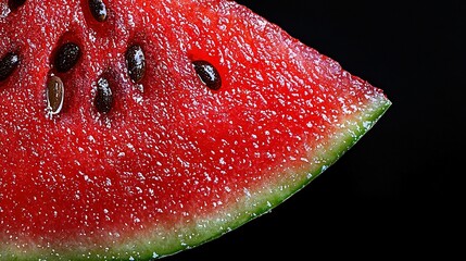 Wall Mural -   Close-up of a watermelon slice on black with water droplets