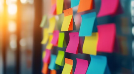 Dynamic collaboration in a professional workplace: Creative brainstorming and project management, colourful sticky notes.
