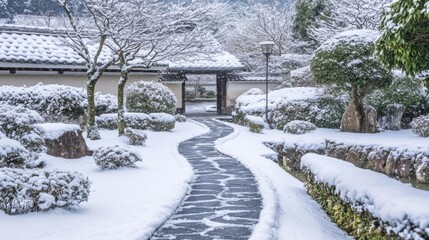 Poster - Snow-Covered Pathway Through a Japanese Garden