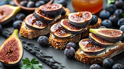   A close-up of a plate of figged bread and a jar of honey behind