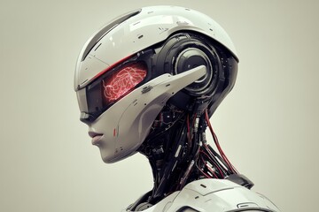 Sticker - Bioelectronic circuits quantum neuron cognitive enhancement neurochip array and bio inspired design futuristic robotic woman with red visor and sleek mechanical body armor