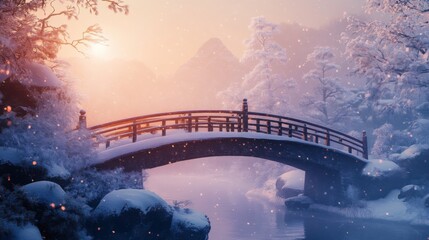 Sticker - Wooden Bridge Over a Snowy River in a Winter Wonderland