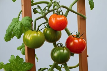 Vibrant Red and Green Tomatoes on a Trellis with Minimalist Background