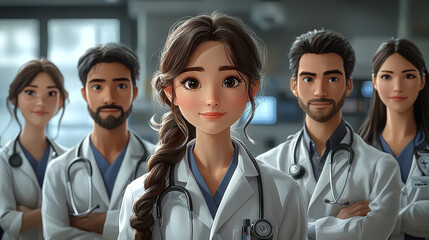 A group of young doctors in a hospital setting, ready to care for their patients.