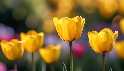 Blooming yellow tulips bloom in the sunny garden with a blurred background, showing natural elegance.