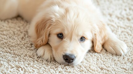   A close-up of a dog lying on a carpet with its head resting on the floor and eyes wide open